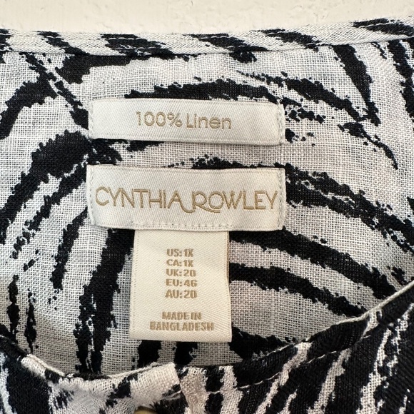 Cynthia Rowley 1X Linen Palm Print Roll Tab Sleeves Mother of Pearl Buttons Top - Picture 4 of 16